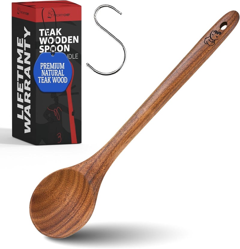 Priority Chef PriorityChef Long Wooden Spoon for Cooking, Durable Teak Large Cooking Spoon for Serving, Stirring & Daily Use – Safe for Nonstick & Cast Iron Cookware - Image 1